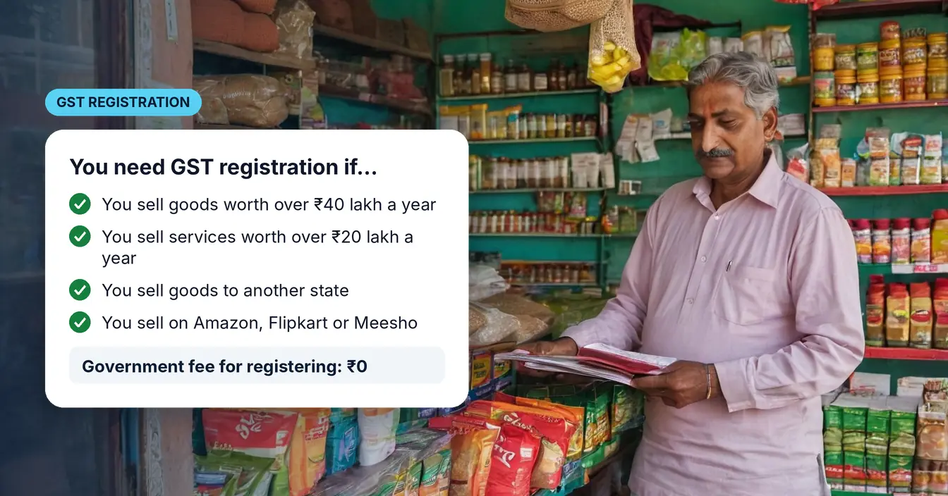 A shopkeeper checking his bill book with a calculator, next to a checklist of when GST registration is compulsory