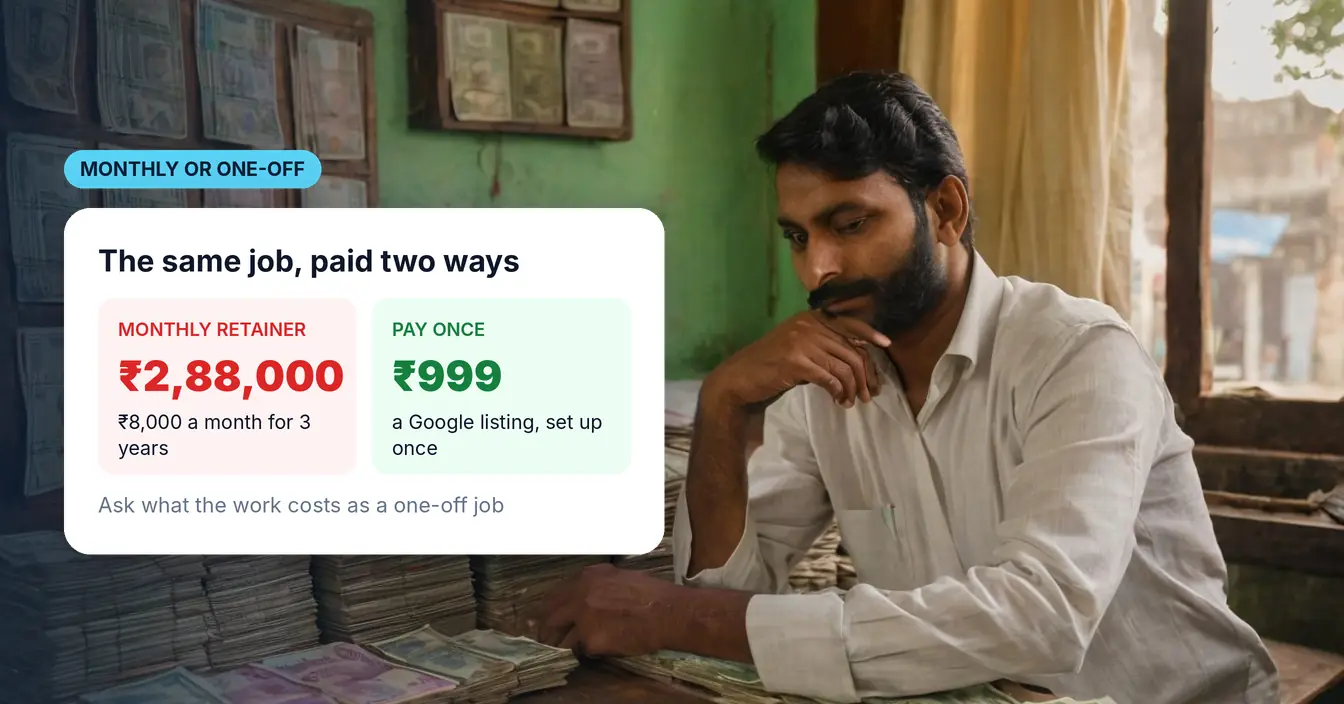 A shop owner counting money at his desk, next to a comparison of a three-year monthly retainer and a one-off payment