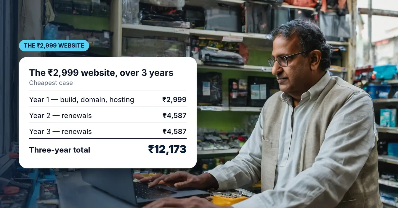 A shop owner looking at a laptop at his repair shop counter, next to the three-year bill for a ₹2,999 website